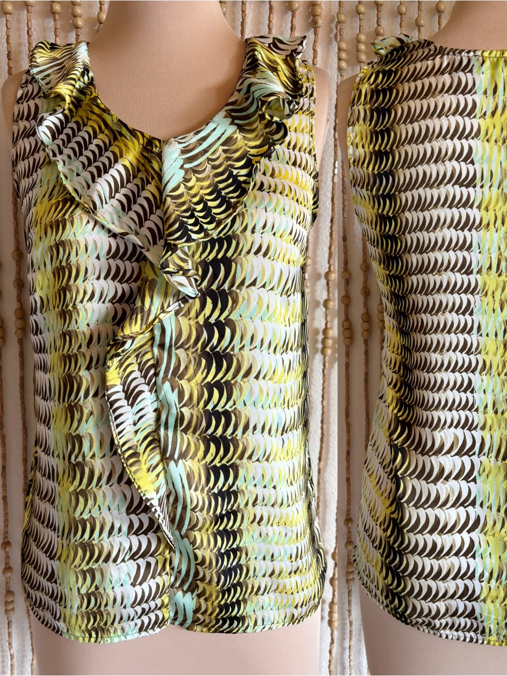 The Limited Y2K Ruffle Front Silky Boho Abstract Geometric Lightweight Tank Sm